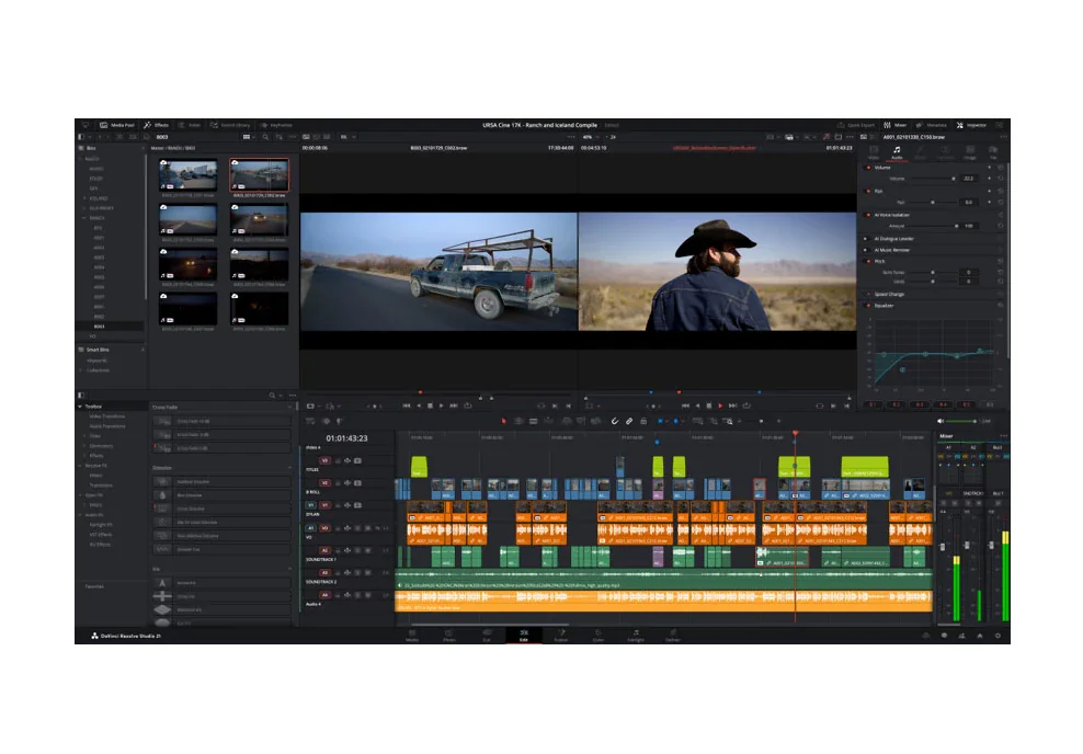 DaVinci Resolve 21 Edit 官方界面:双预览窗口与多轨剪辑时间线